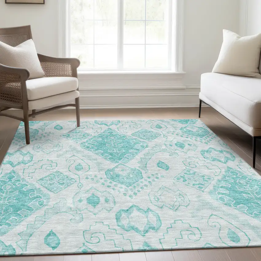Teal Blue Aqua And Ivory Moroccan Washable Indoor Outdoor Area Rug Photo 8