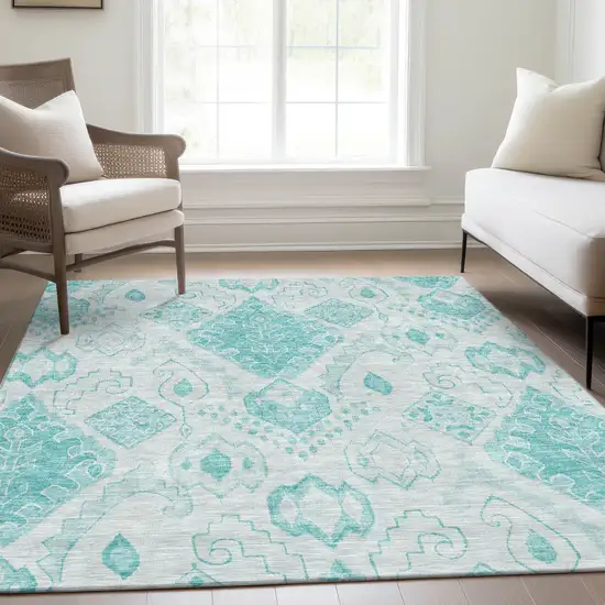Teal Blue Aqua And Ivory Moroccan Washable Indoor Outdoor Area Rug Photo 8