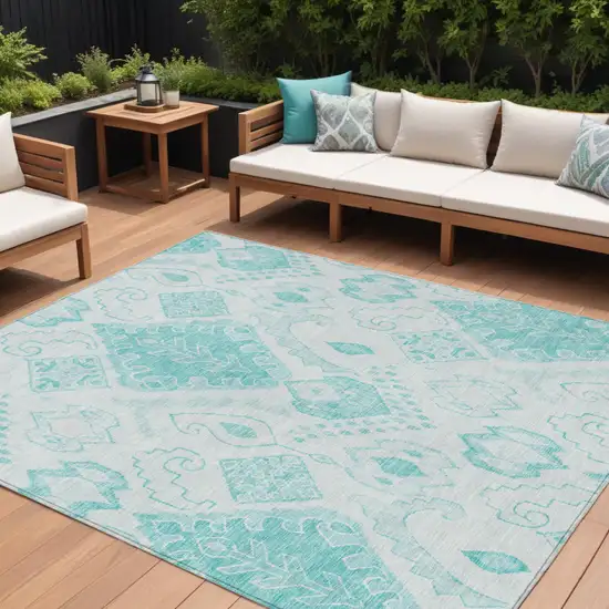 Teal Blue Aqua And Ivory Moroccan Washable Indoor Outdoor Area Rug Photo 1