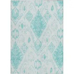 Photo of Teal Blue Aqua And Ivory Moroccan Washable Indoor Outdoor Area Rug