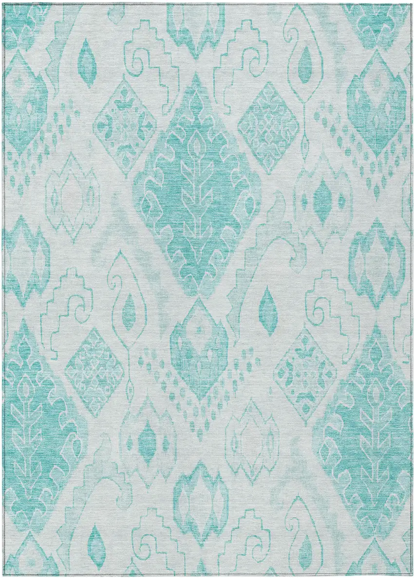 Teal Blue Aqua And Ivory Moroccan Washable Indoor Outdoor Area Rug Photo 2