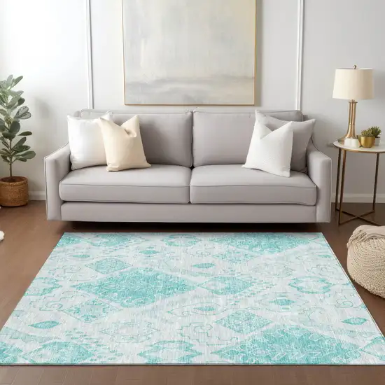 Teal Blue Aqua And Ivory Moroccan Washable Indoor Outdoor Area Rug Photo 9