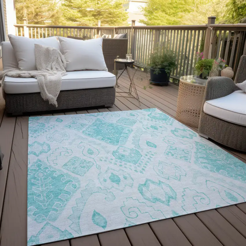 Teal Blue Aqua And Ivory Moroccan Washable Indoor Outdoor Area Rug Photo 9