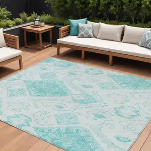 Photo of Teal Blue Aqua And Ivory Moroccan Washable Indoor Outdoor Area Rug