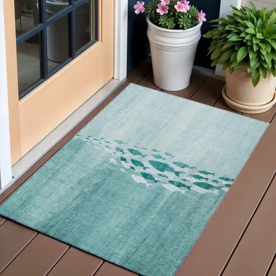 Teal Blue Aqua And Ivory Nautical Washable Indoor Outdoor Area Rug Photo 1