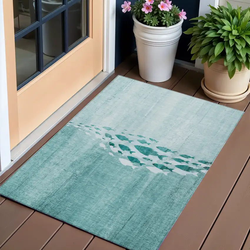 Teal Blue Aqua And Ivory Nautical Washable Indoor Outdoor Area Rug Photo 1