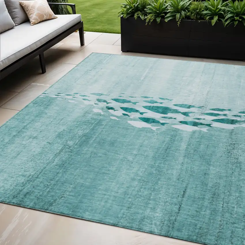 Teal Blue Aqua And Ivory Nautical Washable Indoor Outdoor Area Rug Photo 1