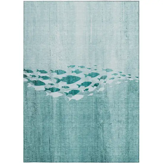 Teal Blue Aqua And Ivory Nautical Washable Indoor Outdoor Area Rug Photo 4