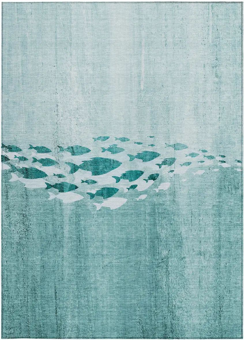 Teal Blue Aqua And Ivory Nautical Washable Indoor Outdoor Area Rug Photo 4