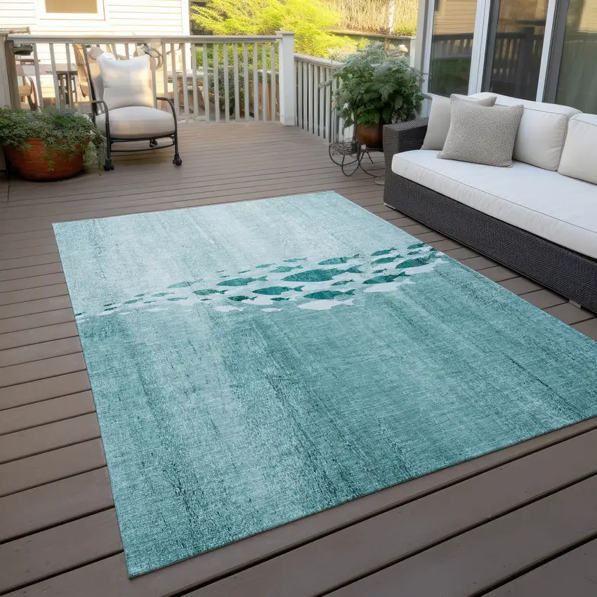 Teal Blue Aqua And Ivory Nautical Washable Indoor Outdoor Area Rug Photo 5