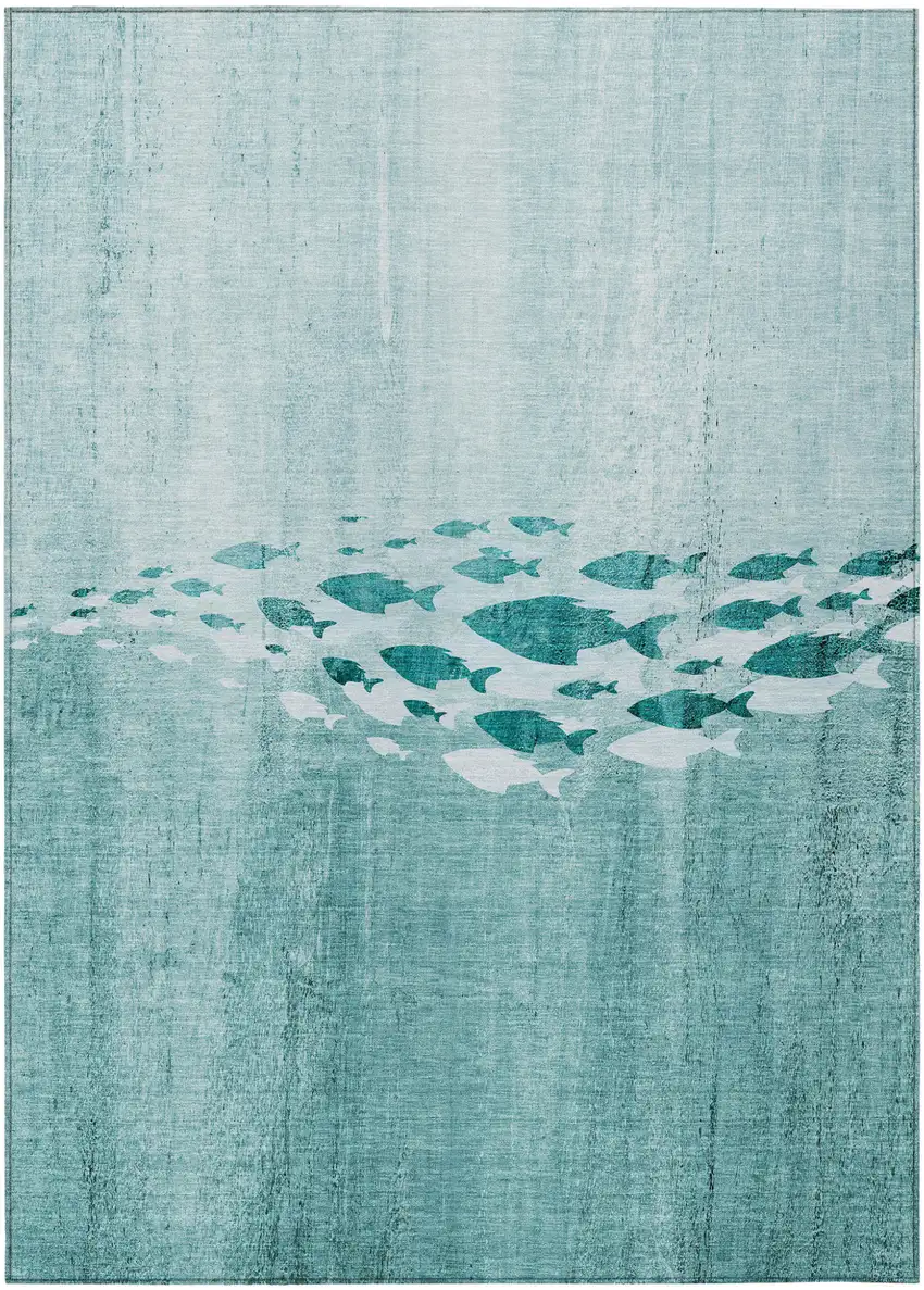 Teal Blue Aqua And Ivory Nautical Washable Indoor Outdoor Area Rug Photo 2