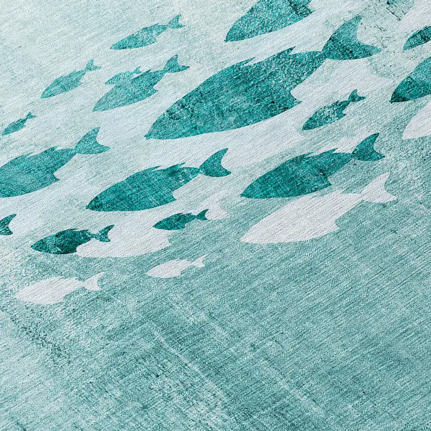 Teal Blue Aqua And Ivory Nautical Washable Indoor Outdoor Area Rug Photo 6