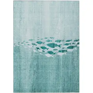 Photo of Teal Blue Aqua And Ivory Nautical Washable Indoor Outdoor Area Rug