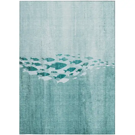 Teal Blue Aqua And Ivory Nautical Washable Indoor Outdoor Area Rug Photo 4
