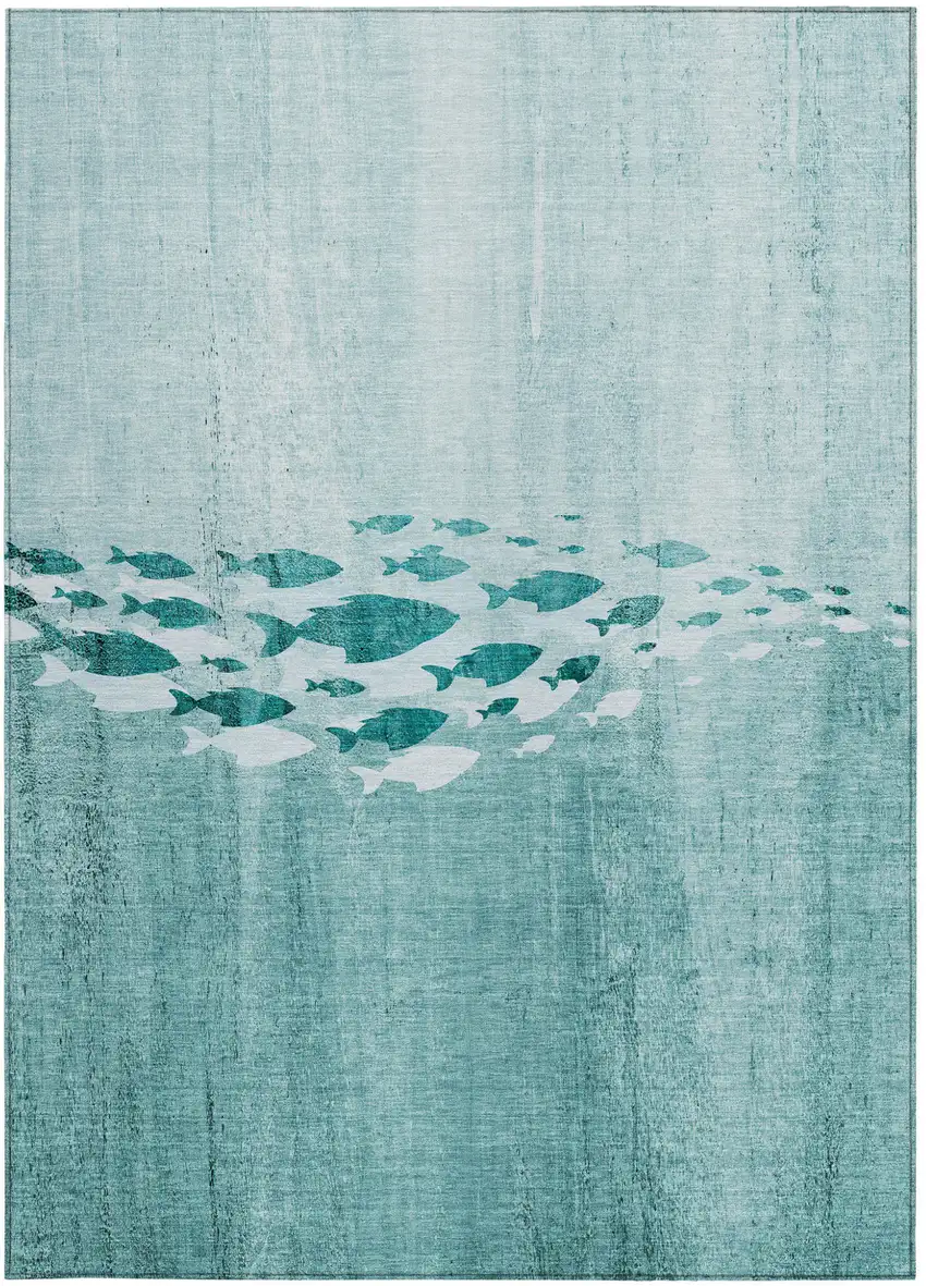 Teal Blue Aqua And Ivory Nautical Washable Indoor Outdoor Area Rug Photo 4