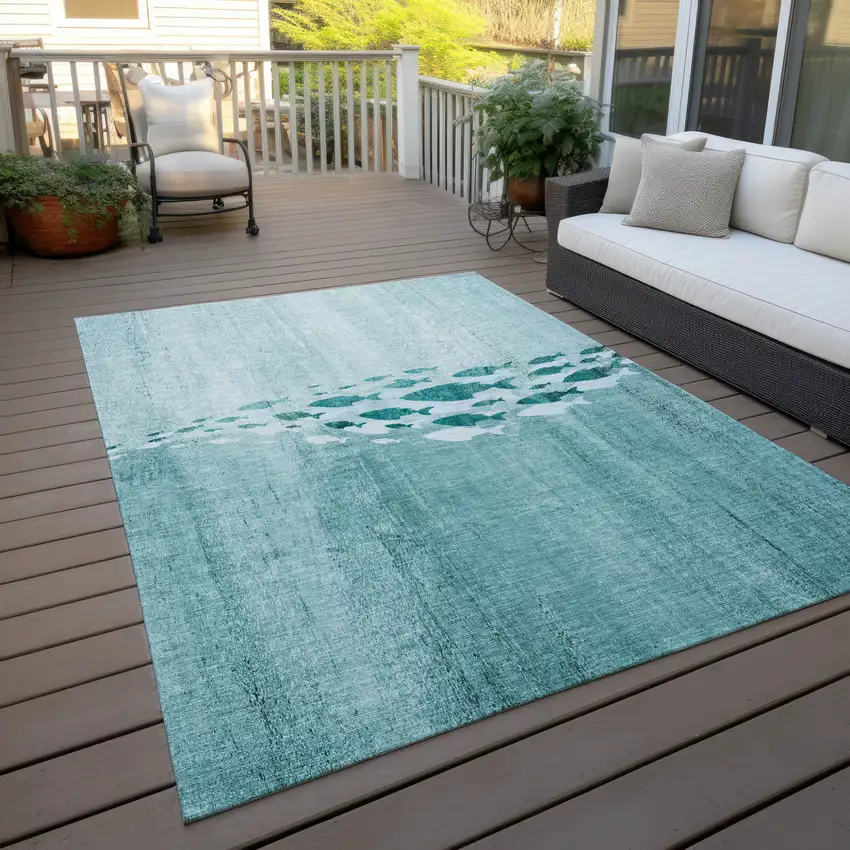 Teal Blue Aqua And Ivory Nautical Washable Indoor Outdoor Area Rug Photo 5