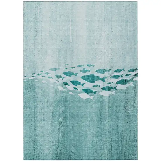 Teal Blue Aqua And Ivory Nautical Washable Indoor Outdoor Area Rug Photo 1