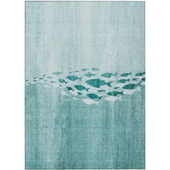 Teal Blue Aqua And Ivory Nautical Washable Indoor Outdoor Area Rug Photo 1