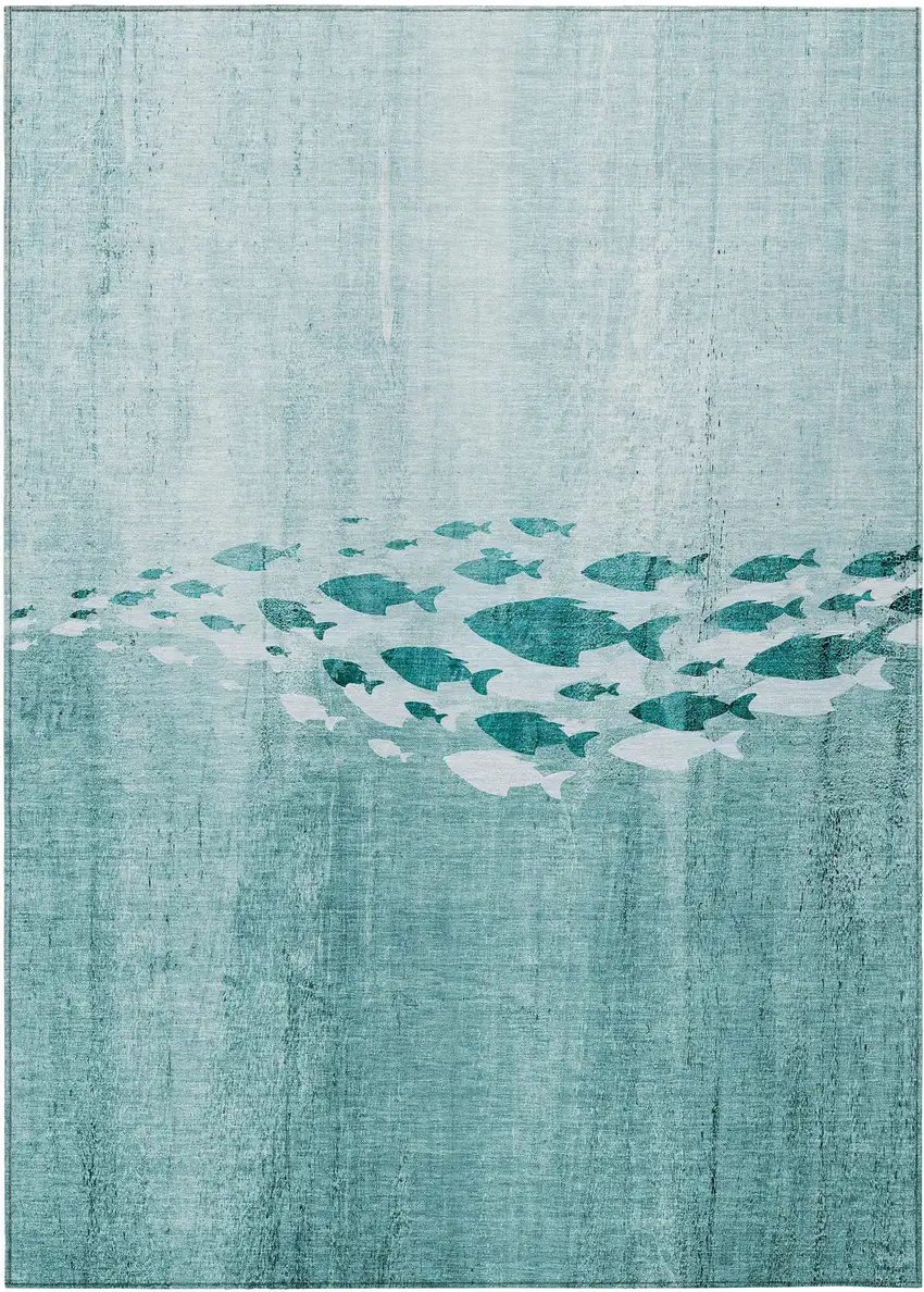 Teal Blue Aqua And Ivory Nautical Washable Indoor Outdoor Area Rug Photo 1