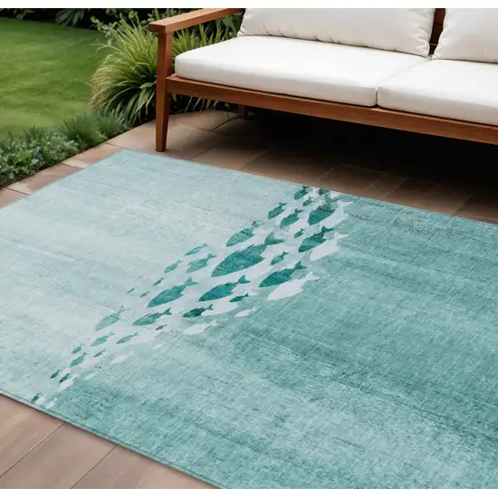 Teal Blue Aqua And Ivory Nautical Washable Indoor Outdoor Area Rug Photo 1