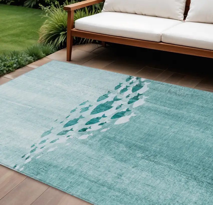 Teal Blue Aqua And Ivory Nautical Washable Indoor Outdoor Area Rug Photo 1
