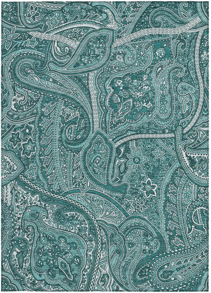 Teal Blue Aqua And Ivory Paisley Washable Indoor Outdoor Area Rug Photo 5
