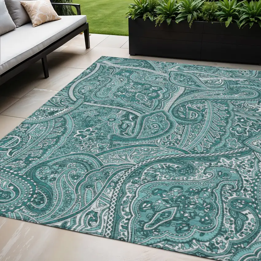 Teal Blue Aqua And Ivory Paisley Washable Indoor Outdoor Area Rug Photo 1