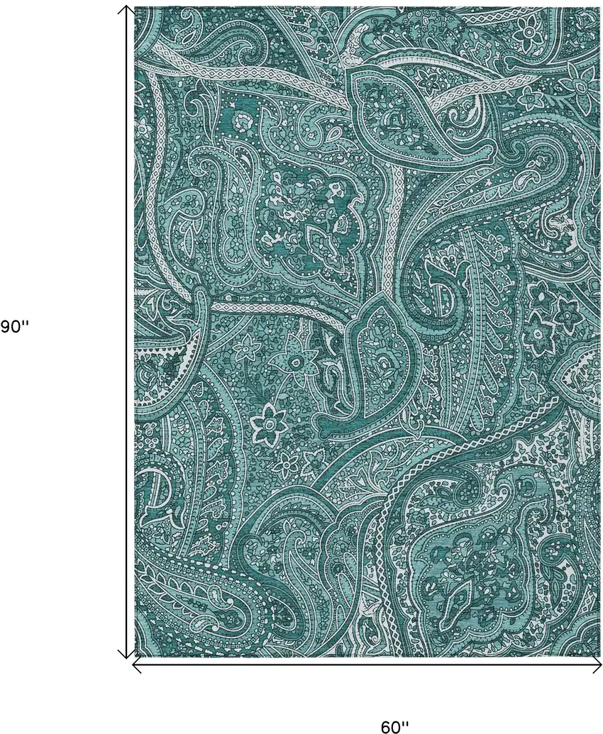 Teal Blue Aqua And Ivory Paisley Washable Indoor Outdoor Area Rug Photo 3