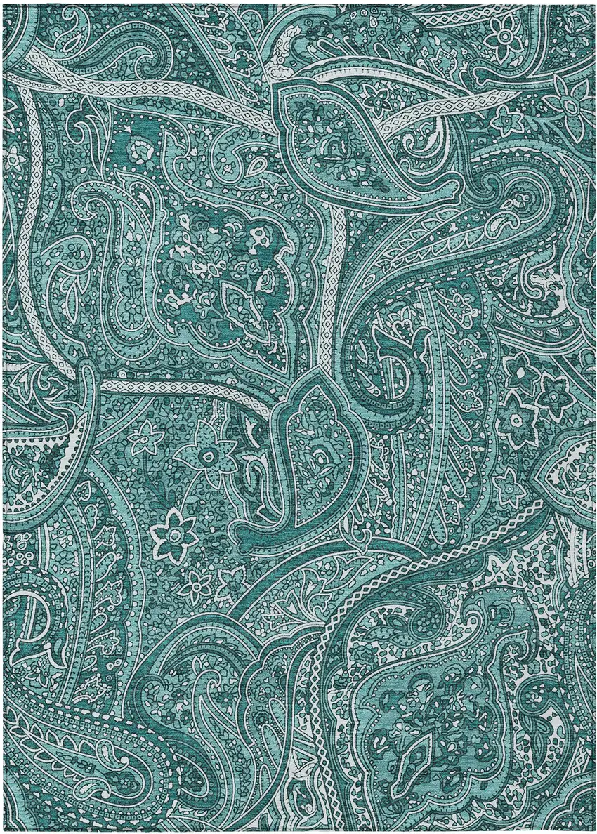 Teal Blue Aqua And Ivory Paisley Washable Indoor Outdoor Area Rug Photo 2