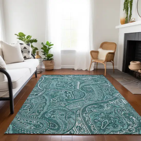 Teal Blue Aqua And Ivory Paisley Washable Indoor Outdoor Area Rug Photo 8