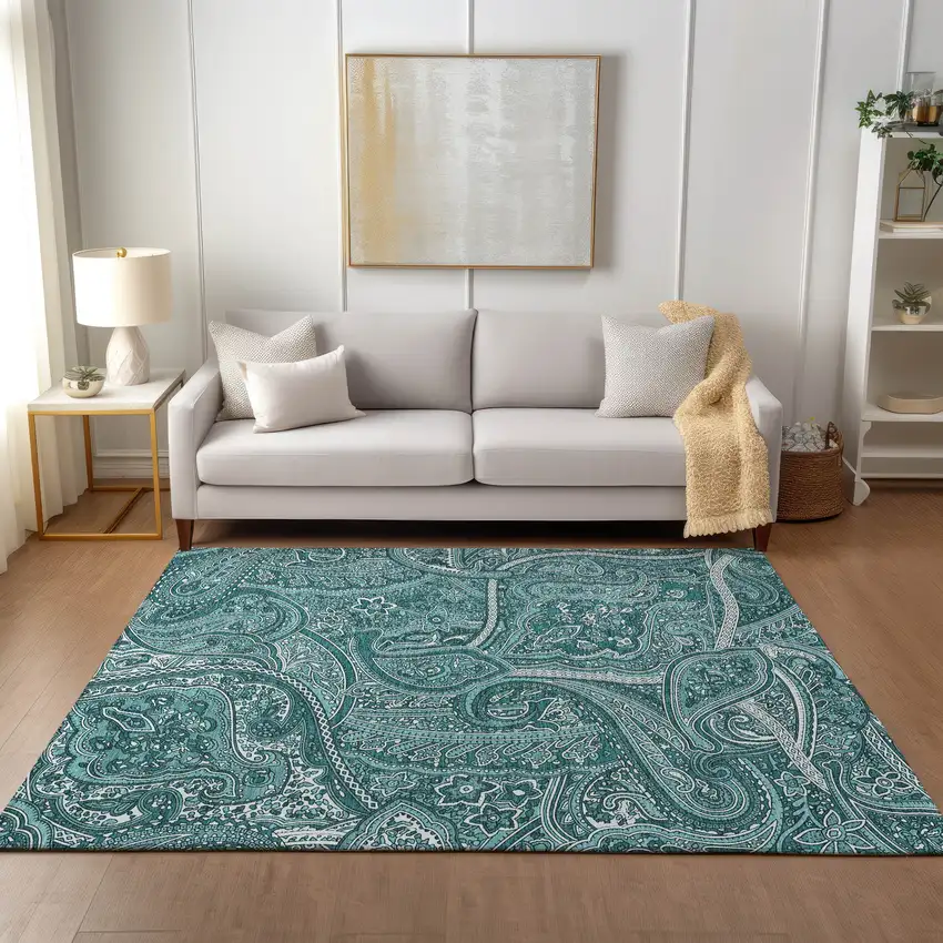 Teal Blue Aqua And Ivory Paisley Washable Indoor Outdoor Area Rug Photo 7