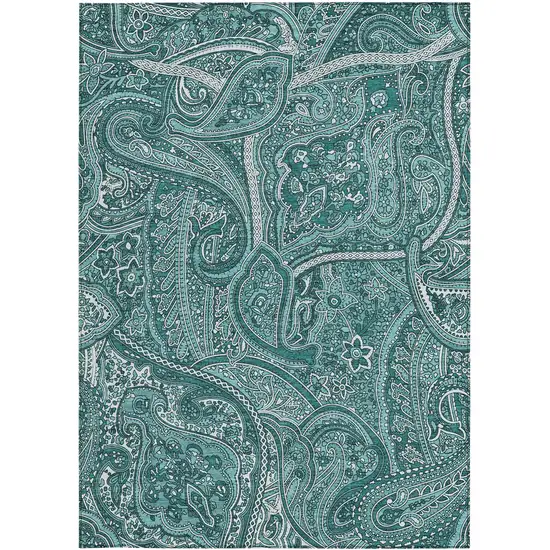 Teal Blue Aqua And Ivory Paisley Washable Indoor Outdoor Area Rug Photo 5