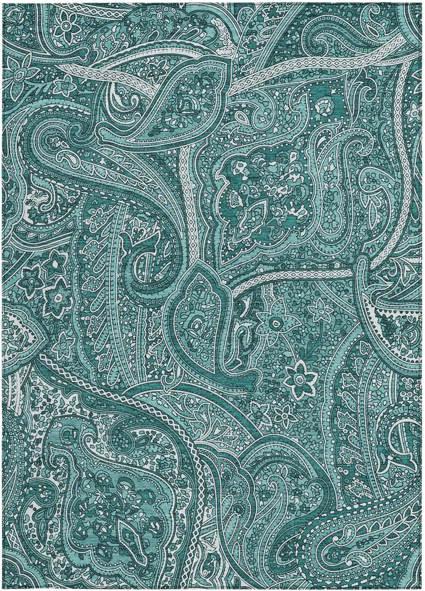 Teal Blue Aqua And Ivory Paisley Washable Indoor Outdoor Area Rug Photo 5