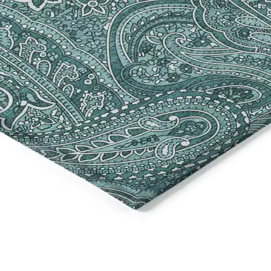 Teal Blue Aqua And Ivory Paisley Washable Indoor Outdoor Area Rug Photo 5