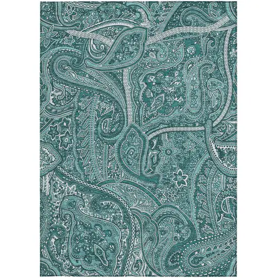 Teal Blue Aqua And Ivory Paisley Washable Indoor Outdoor Area Rug Photo 6
