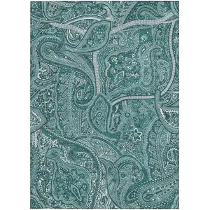 Photo of Teal Blue Aqua And Ivory Paisley Washable Indoor Outdoor Area Rug
