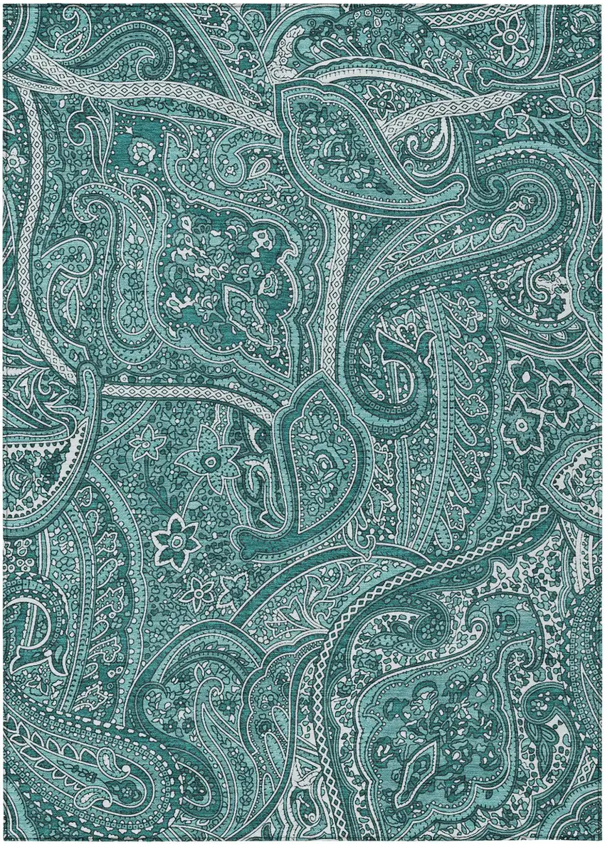 Teal Blue Aqua And Ivory Paisley Washable Indoor Outdoor Area Rug Photo 2