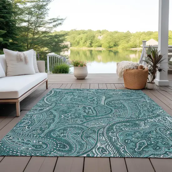 Teal Blue Aqua And Ivory Paisley Washable Indoor Outdoor Area Rug Photo 9