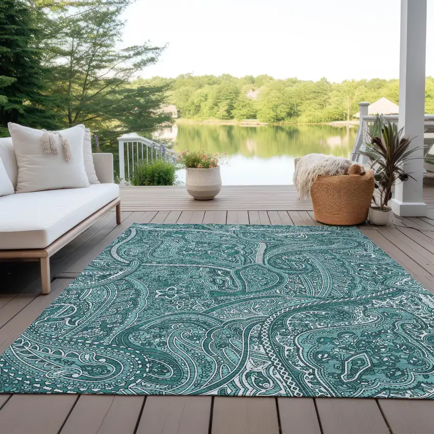 Teal Blue Aqua And Ivory Paisley Washable Indoor Outdoor Area Rug Photo 9