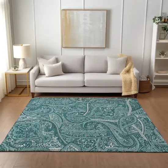 Teal Blue Aqua And Ivory Paisley Washable Indoor Outdoor Area Rug Photo 7