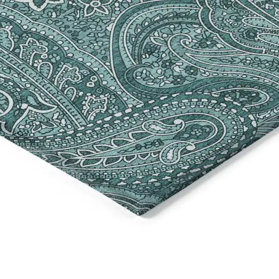 Teal Blue Aqua And Ivory Paisley Washable Indoor Outdoor Area Rug Photo 4