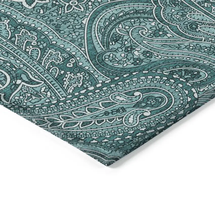 Teal Blue Aqua And Ivory Paisley Washable Indoor Outdoor Area Rug Photo 4