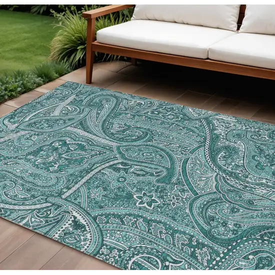 Teal Blue Aqua And Ivory Paisley Washable Indoor Outdoor Area Rug Photo 1