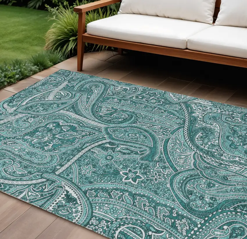 Teal Blue Aqua And Ivory Paisley Washable Indoor Outdoor Area Rug Photo 1