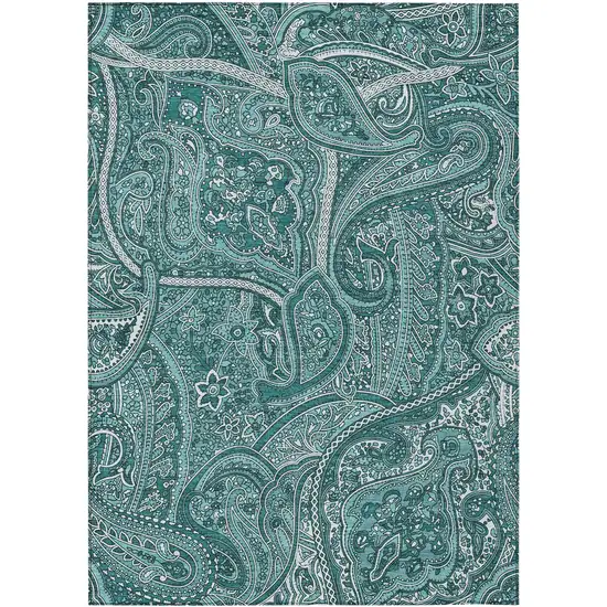 Teal Blue Aqua And Ivory Paisley Washable Indoor Outdoor Area Rug Photo 2