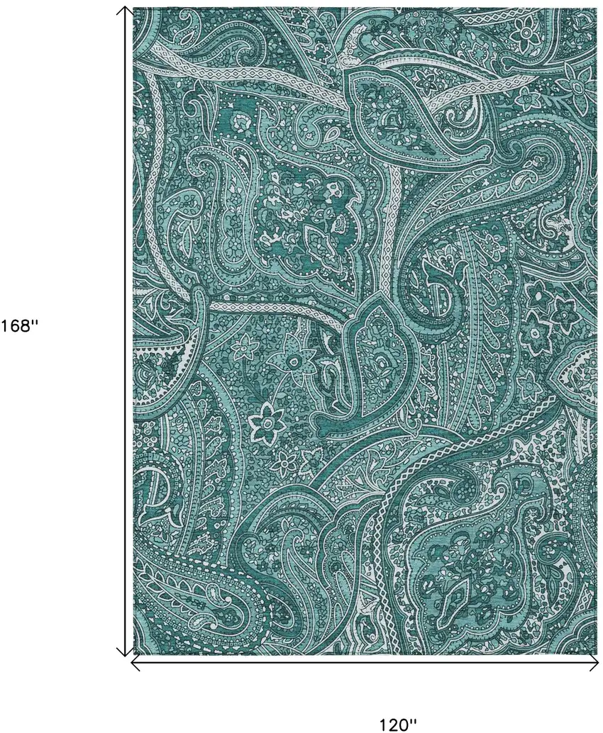 Teal Blue Aqua And Ivory Paisley Washable Indoor Outdoor Area Rug Photo 3