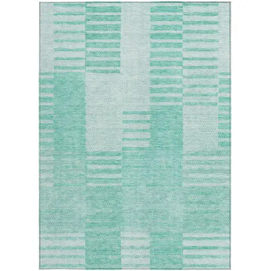 Teal Blue Aqua And Ivory Striped Washable Indoor Outdoor Area Rug Photo 5