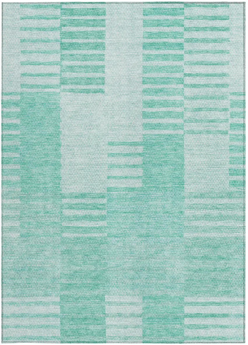Teal Blue Aqua And Ivory Striped Washable Indoor Outdoor Area Rug Photo 5