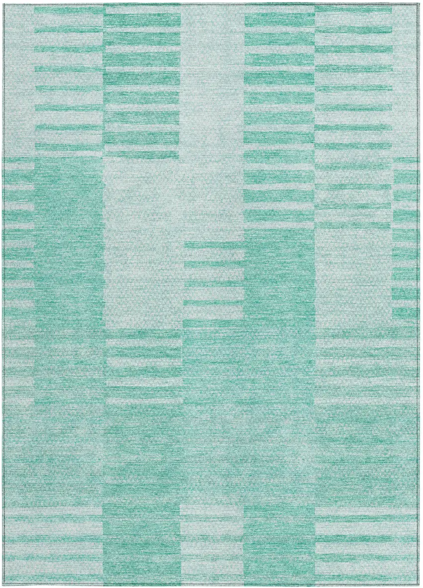 Teal Blue Aqua And Ivory Striped Washable Indoor Outdoor Area Rug Photo 5