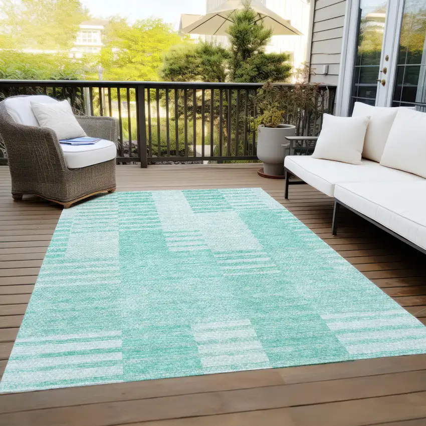 Teal Blue Aqua And Ivory Striped Washable Indoor Outdoor Area Rug Photo 9